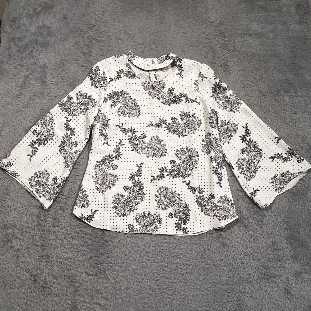 Chico's Blouse Top Floral Long Bell Sleeve High Peekaboo Neck Women's M/8‎